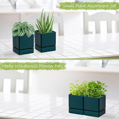 4 Inch Herb Planter Pot, Plastic Planter with Drainage Holes and Saucer, Modern Decorative Gardening Pot for Indoor Plants, Flowers, Herbs, Succulents, Green, Set of 2, 76-Y-C-2