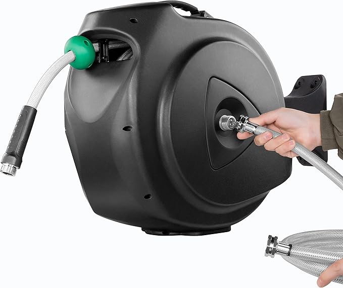 Retractable Garden Hose Reel, 65FT +6FT 5/8" Durable Wall Mounted Water Hose Reel with 180° Swivel Bracket, 9 Pattern Sprayer, 6Ft leader hose,Smooth Automatic Rewind, Any Length Lock.