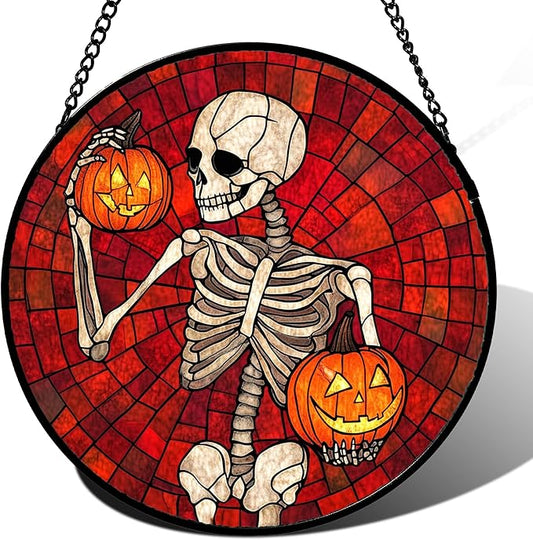 Stained Glass Window Hanging - Halloween Decorations Skeleton Pumpkin Suncatcher for Doors Garden Indoor Spooky Funny Sun Catchers Gothic Decor Horror Gifts for Women Men Friend 6.3 in