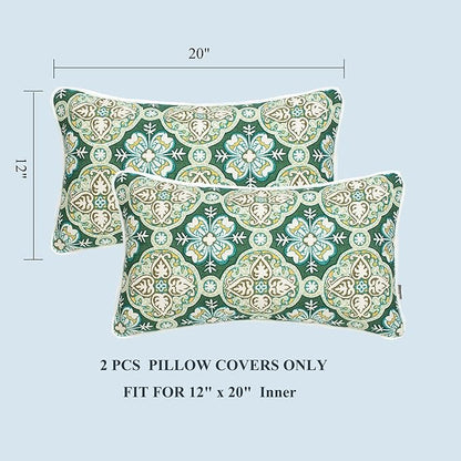 FUNHOME Indoor Outdoor Lumbar Pillow Covers ONLY, No Insert! Water-Repellent Patio Lumbar Cases 12” x 20”, Decorative Throw Pillowcase Shell for Couch Garden Furniture Use -Green Medal