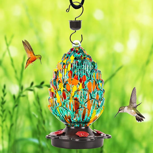 LUJII Pine Cone Shaped Hand Blown Glass Hummingbird Feeder for Outdoors Hanging, Rust Proof & Leak Proof, 25 fl.oz, Unique Gift for Women, Garden & Backyard Decor, Teal