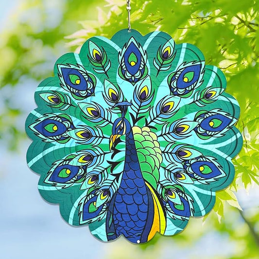 Wind Spinners Outdoor Peacock Art 12 inch 3D Stainless Steel Laser Cut Metal Art Geometric Pattern Wind Sculpture Hanging for Yard Garden Decorations Gifts Outdoor