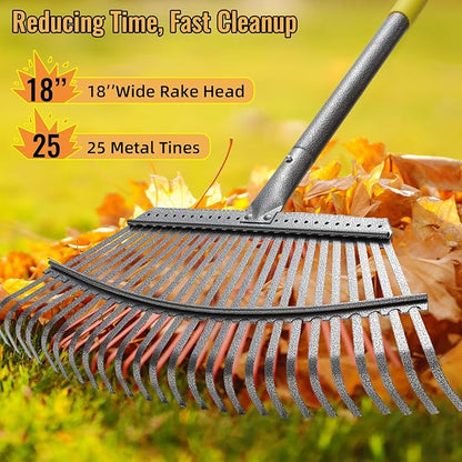 Rake for Leaves, Heavy Duty Metal Leaf Rake with 25 Tines 18" Wide Head, Adjustable 36-73" Long Handle Garden Rakes, Gardening Tools for Lawn, Yard, Shrub, Garden Beds Leaf Cleanup