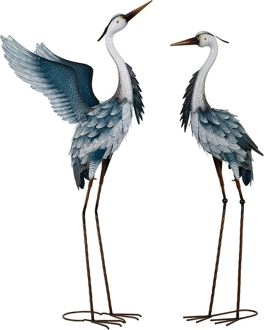 TERESA'S COLLECTIONS Garden Decor, Set of 2 Herons Garden Decor, 23-25", Elegant Herons with Blue Painting, Waterproof Metal Garden Statue, Herons Gifts Birthday Gifts for Women Mom