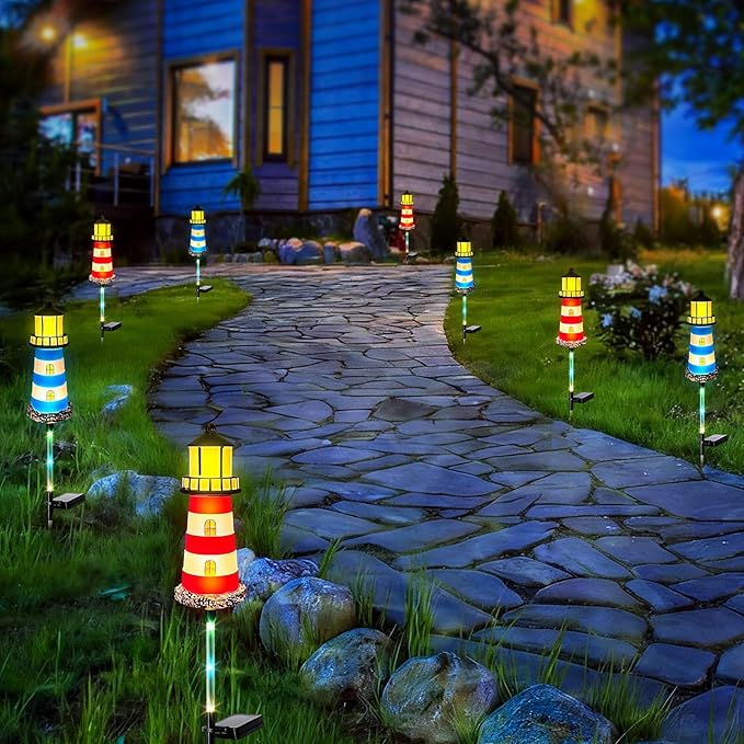 Solar Lighthouse Outdoor Decor (2PACK) Ideal for pathway lighting in gardens, walkways, and patios. Enhances garden, lawn, planter, backyard, and courtyard decor. Nautical-Style Outdoor Solar Lights