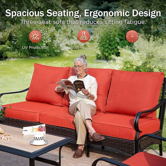 PHI VILLA Outdoor Modern Patio Furniture Set, Upgraded Wicker&Metal Patio Furniture Conversation Set with Waterproof Thick Cushions for Porch, Poolside, Deck, and Yard (4 Pieces,Red)