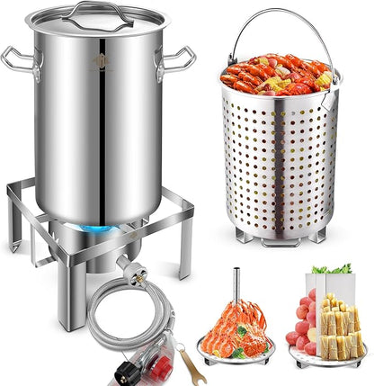 ARC 32QT Stainless Steel Stock pot with 55,000BTU Propane Burner, 6-Piece For Seafood Boil Pot with Basket and Steamer Rack,Cookware for Crawfish Crab Shrimp Lobster Boiling Pot, Turkey Fryer Pot