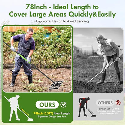 Seeutek Lawn Leveling Rake, 17” x 10” Lawn Leveler with 6.5FT Durable Handle Rakes for Lawns, 0-180° Adjustable Ground Leveler Tool for Yard, Level Soil Sand Dirt Surfaces
