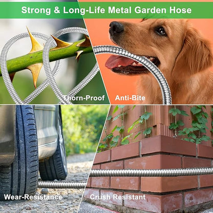 Metal Garden Hose 25ft, Stainless Steel Water Hose Leak-Proof w/10 Function Sprayer Nozzle, 5/8" Fittings Flexible Garden Hose, Long-Lasting, Lightweight, No-Kink Water Hose, for Yard and Lawn