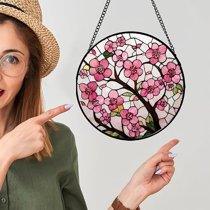 Stained Glass Window Hanging - Cherry Blossoms Birth Flower Suncatcher for Door Garden Patio Sun Catchers Decor Christmas Mother's Day Birthday Gifts for Women Mom Nana Friend Wife 7.8 in