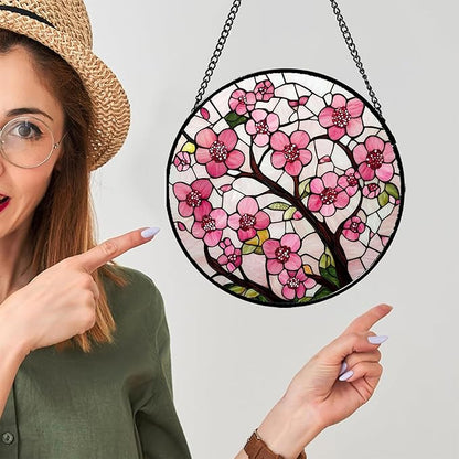 Stained Glass Window Hanging - Cherry Blossoms Birth Flower Suncatcher for Door Garden Patio Sun Catchers Decor Christmas Mother's Day Birthday Gifts for Women Mom Nana Friend Wife 11.8 in