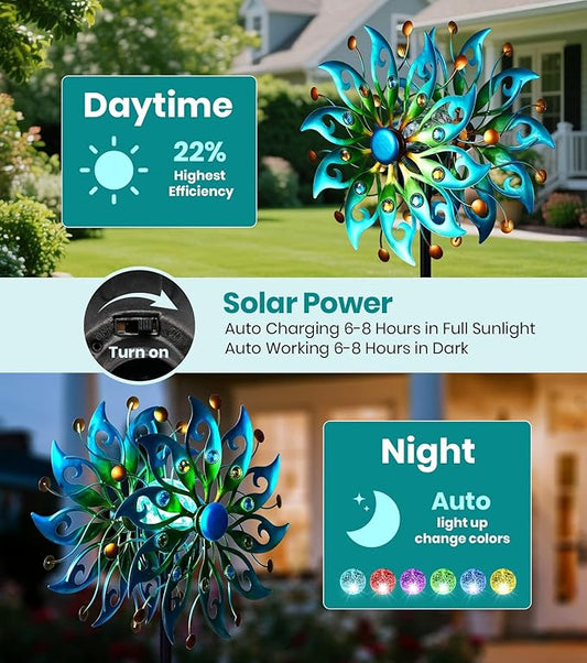 Solar Wind Spinners Outdoor – H63xW13 Metal Kinetic Garden Spinner with Crackle Glass Ball & Built-in Solar Panel – Peacock-Style Yard Wind Sculpture with LED Light
