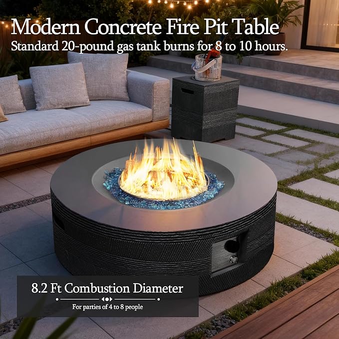 UPHA 42-inch Outdoor Propane Gas Fire Pit Table 50000 BTU Concrete Round FirePit for Outside Patio with Propane Tank Cover, Navyblue Fire Glass, Rain Cover, Grey Texture