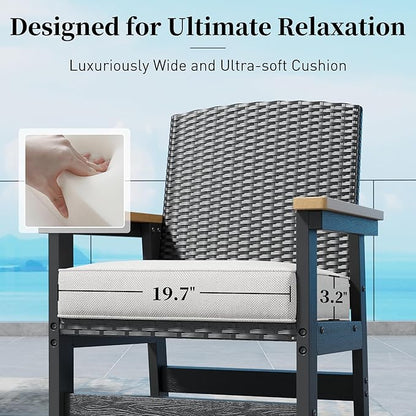 7 Piece HDPE Outdoor Dining Set for 6, 64” All Weather Wood-grain Dining Table, 6 Wicker Rattan Chairs with 3.2” Waterproof Cushion, Patio Table and Chairs Set for Backyard and Deck, Black
