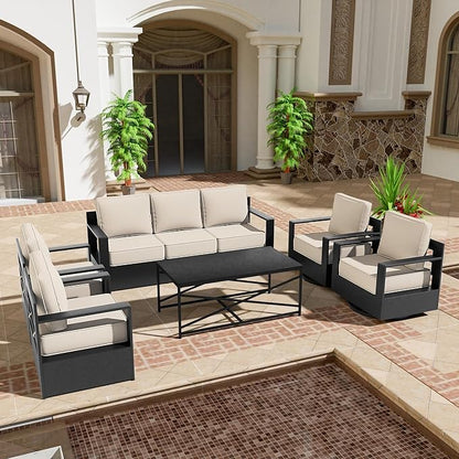 6 PCS Aluminum Patio Conversation Set - 3-Seater Sofa, 2 Swivel Chair, 2 Fixed Chair, 1 Metal Table with 6" Thick Water-insistant Cushions, All-Weather Use Removable Cover (Beige)
