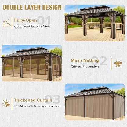 COOS BAY 12x20 Hardtop Gazebo with Aluminum Frame, Galvanized Steel Double Roof Outdoor Pavilion with Netting and Curtains, Dark Brown/Tan