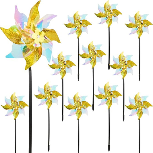 winemana 12 Pcs Reflective Pinwheels Outdoor, Wind Spinners for Yard & Garden, Sparkly Bird Repellent Windmill Scare Birds Away, Deterrent Devices for Outside Patio Lawn Spring Decor (Yellow)