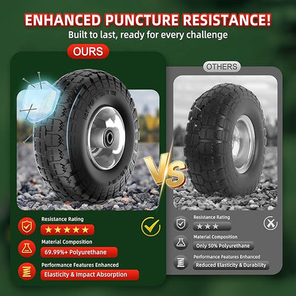4.10/3.50-4 Tire and Wheel Flat Free,10-Inch Solid Wheel Replacement with 5/8 Bearings,2.2" Offset Hub -Compatible with Hand Truck,Wheelbarrow,Dolly(Gray)