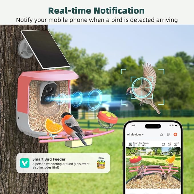 Smart Bird Feeder with Camera Solar Powered - 2K HD Live Video Camera AI Identify Birds, Visible Window Auto Capture& Motion Detection -Instant Arrival Alerts, Birds Lover Gifts