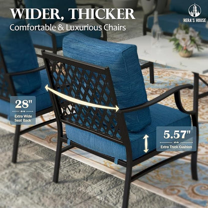 HERA'S HOUSE 6 Piece Patio Furniture Set, 2 x Metal Cushioned Chair, 2 x Cushioned Ottoman, 1 x 3-Seat Sofa with Marbling Coffee Table, Outdoor Conversation Set for Lawn Garden Backyard, Pacific Blue