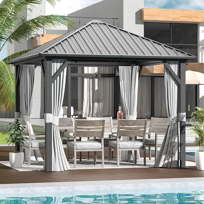 Aoxun 10 x 10 Hardtop Gazebo, Aluminum Metal Outdoor Gazebo with Double Galvanized Steel Top