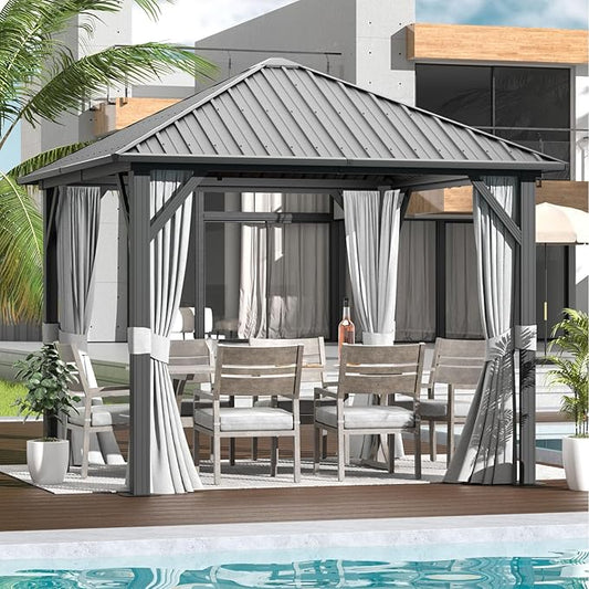 Aoxun 10 x 10 Hardtop Gazebo, Aluminum Metal Outdoor Gazebo with Double Galvanized Steel Top