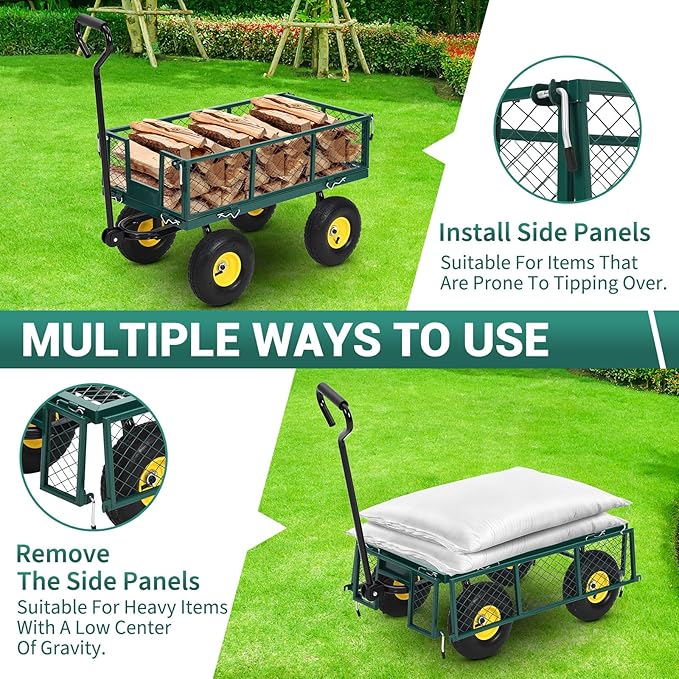 Heavy Duty Steel Garden Cart, 900 LBS 3 in 1 Pullable Metal Garden Wagon with 10" Wheels, 180° Rotating Handle and Removable Sides for Farm, Yard