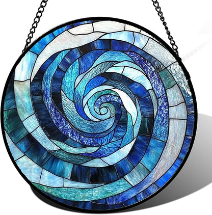 Stained Glass Window Hanging - Blue Abstract Swirl Suncatcher for Doors Garden Patio Unique Sun Catchers Decor Christmas Mother's Day Birthday Gifts for Women Men Mom Nana Friend 9.8 in