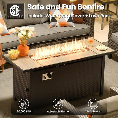 ovios 10 Pieces Patio Furniture Set with Swivel Chairs Rocking Gliders, 54" Fire Pit Table, Outdoor Sofa Couch with Solar Lights Table, Modern Deep Seat Wicker Rattan Conversation Set, Dark Grey
