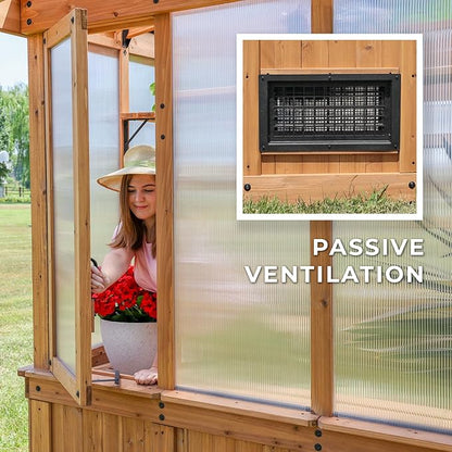 Backyard Discovery Poppy 11' x 7' Cedar Wood and Polycarbonate Walk-In Greenhouse Kit with Exhaust Fan, Windows, Hose Hook-Ups, PowerPort, Staging Shelves, Plant Hooks for Year-Round Outdoor Gardening
