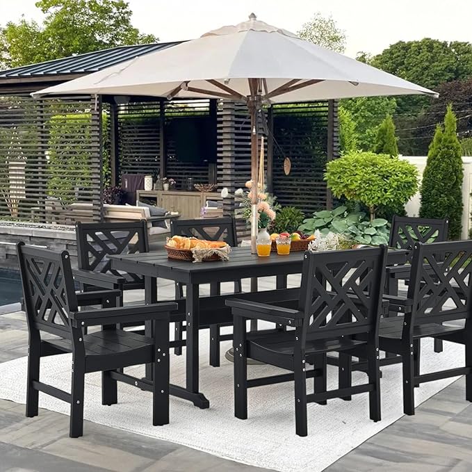 10 Piece HDPE Outdoor Dining Set for 8, Patio HDPE Furniture Set with 2 Table and Umbrella Hole, Outdoor Table and Chairs for Garden, Poolside, Backyard, Deck