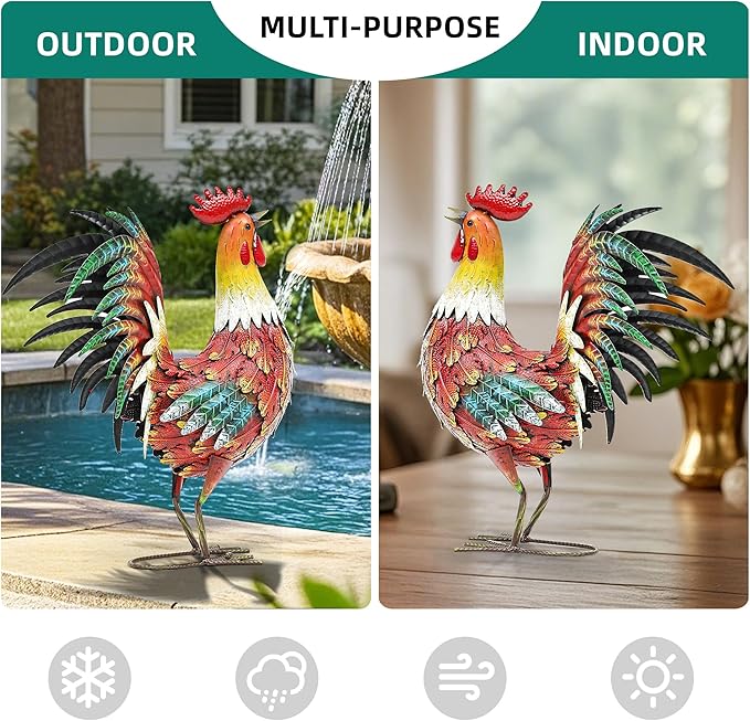 21in Metal Rooster Yard Decor, Outdoor Garden Statues, Metal Chicken Sculpture for Backyard Garden Patio Kitchen Décor