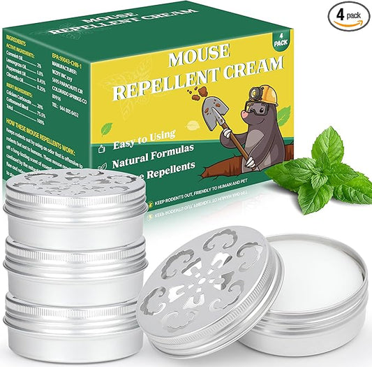 4-Pack Rodent Mouse Repellent Ointment – Natural Peppermint Mice & Moles Deterrent Paste for Garden & Lawn – Humane, Easy-Apply Formula for Long-Lasting Mole Gopher Control