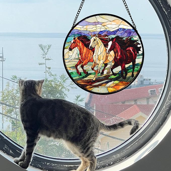 Stained Glass Window Hanging, Colorful Landscape Running Horse Suncatcher for Doors Window Home Sun Catchers Decoration Mother's Day Birthday Gifts for Women, Men, and Mom 15x15 in
