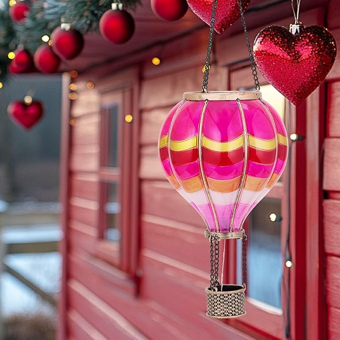 TERESA'S COLLECTIONS Hot Air Balloon Solar Lantern for Valentines Day Garden Decor,Hanging Flickering Flame Outdoor Lights for Trees, Pink Decorations for Party Gift for Mom