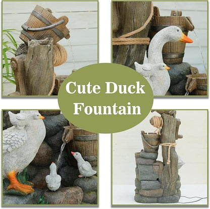 4-Tiers Cascading Outdoor Water Fountain, 31.9'' Tall Duck & Wooden Bucket Stump Waterfall Garden Fountains with LED Lights & Pump Water Feature Resin for Patio, Deck, Yard, Home Decor