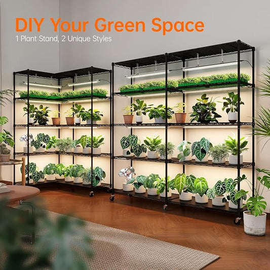 Bstrip 5-Tier Plant Shelf with Grow Light, Large L-Shaped or Long Shape Indoor Plant Stand, 8 Pack 192W T8 Full Spectrum Grow Lights for Indoor Plants & Seed Starting (58L x 13.8W x 59H)