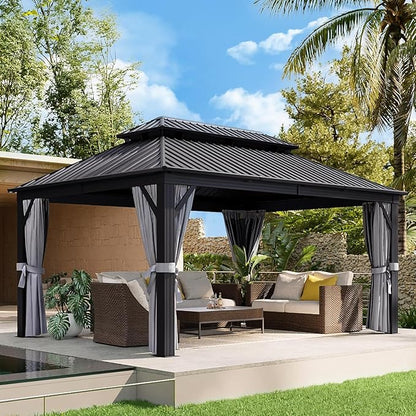 Aoxun 12FT X 16FT Hardtop Gazebo, Outdoor Pergolas with Mosquito Netting and Curtains, Galvanized Steel Double Roof Permanent Aluminum Gazebo, for Gardens, Decks, Patios, Parties, with Ground Nails