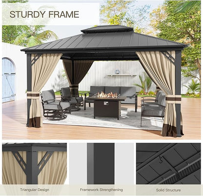 12'x14' Hardtop Gazebo,Outdoor Galvanized Steel Metal Double Roof Gazebo with Curtains and Netting for Patios,Gardens,Lawns,Sand