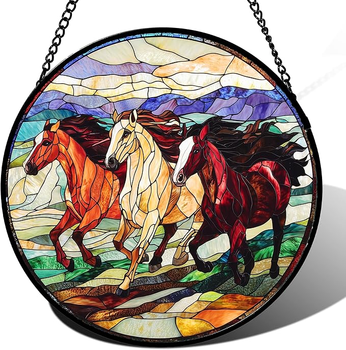 Stained Glass Window Hanging, Colorful Landscape Running Horse Suncatcher for Doors Window Home Sun Catchers Decoration Mother's Day Birthday Gifts for Women, Men, and Mom 11.8x11.8 in