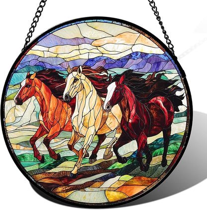 Stained Glass Window Hanging, Colorful Landscape Running Horse Suncatcher for Doors Window Home Sun Catchers Decoration Mother's Day Birthday Gifts for Women, Men, and Mom 15x15 in
