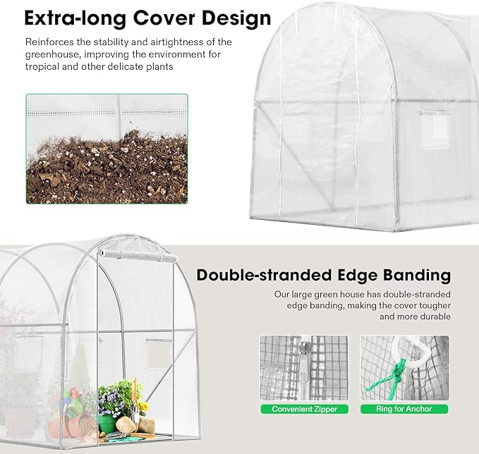 VIVOSUN 10x7x7 Ft. Large Walk in Greenhouse, Greenhouse Tunnel, Garden Plant Hot House with White PE Cover, Roll-up Zipper Door and Window for Outdoor, White
