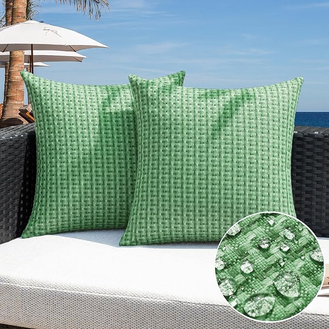 Kevin Textile Outdoor Waterproof Throw Pillow Covers Pack of 2 Farmhouse Decorative Cushion Covers for Garden Patio Tent Balcony Bench Couch Sofa 24x24 Inch, Sage Green