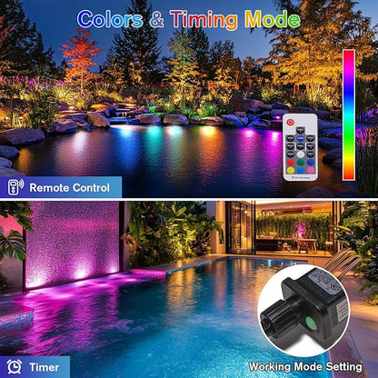 POPOSOAP RGB Underwater Pond Lights with Timer, 20 Colors Dimmable Submersible Led Fountain Lights with IP68 Waterproof, Support Remote Control for Outdoor Ponds Aquarium Garden Pool (6 Headlamps)