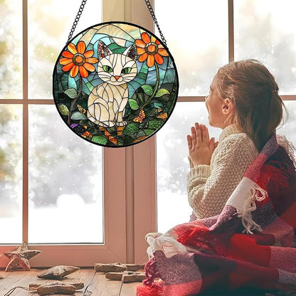 Stained Glass Window Hanging - White Cat Green Plants Orange Flowers Sun Catcher for Door Garden Home Decor Suncatcher Christmas Mother's Day Birthday Gifts for Women Men Mom Nana 9.8 in