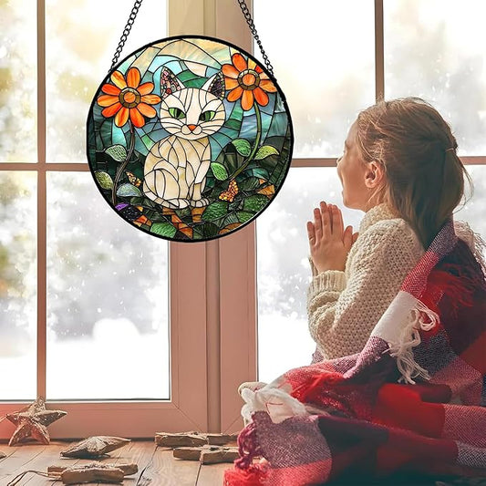 Stained Glass Window Hanging - White Cat Green Plants Orange Flowers Sun Catcher for Door Garden Home Decor Suncatcher Christmas Mother's Day Birthday Gifts for Women Men Mom Nana 15 in