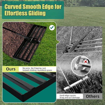Lawn Leveling Rake 17 x 10 Inch Stainless Steel Heavy Duty Ground Leveler, Flipping-Resistant Smooth Edge, Adjustable Handle 28–60 Inches for Backyard Landscape, Garden, Golf Course, Farm, Pasture.