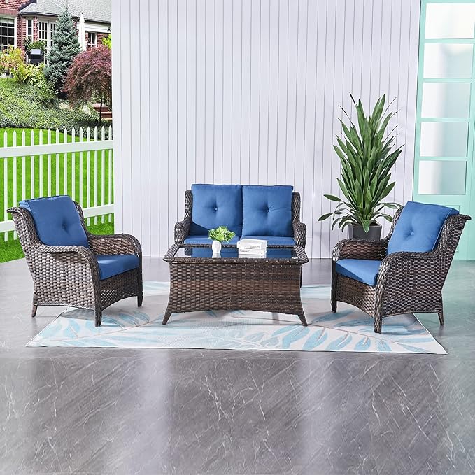 HUMMUH Outdoor Loveseat Sofa 2-Seat PE Rattan Patio Love Seat with Cushions,Deep Seat High Curved Back Armset Sectional Couch for Patio,Garden,Yard,Porch