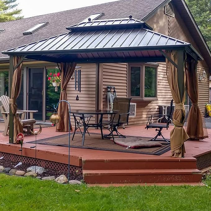 YOLENY 10'x13' Hardtop Gazebo with Galvanized Steel Double Roof, Pergolas Aluminum Frame, Netting and Curtains Included, Metal Outdoor Gazebos for Garden, Patios, Lawns, Parties