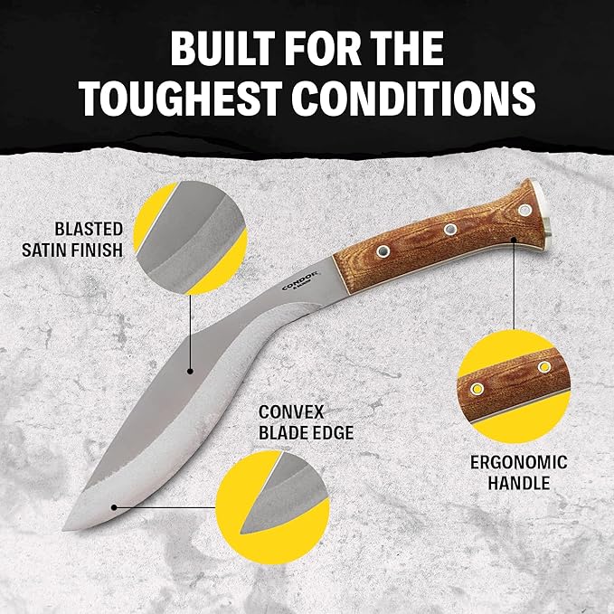 Condor Tool & Knife K-tact Kukri Knife Desert | Gardening Machete | Micarta Handle | Kydex with Leather Belt Loop Sheath | Convex Grind | 6mm Thick | 10in Blade | 32.4oz